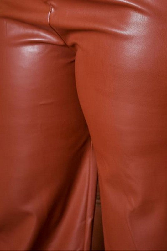 Plus Size PU Leather Slit Waist Hem Pants